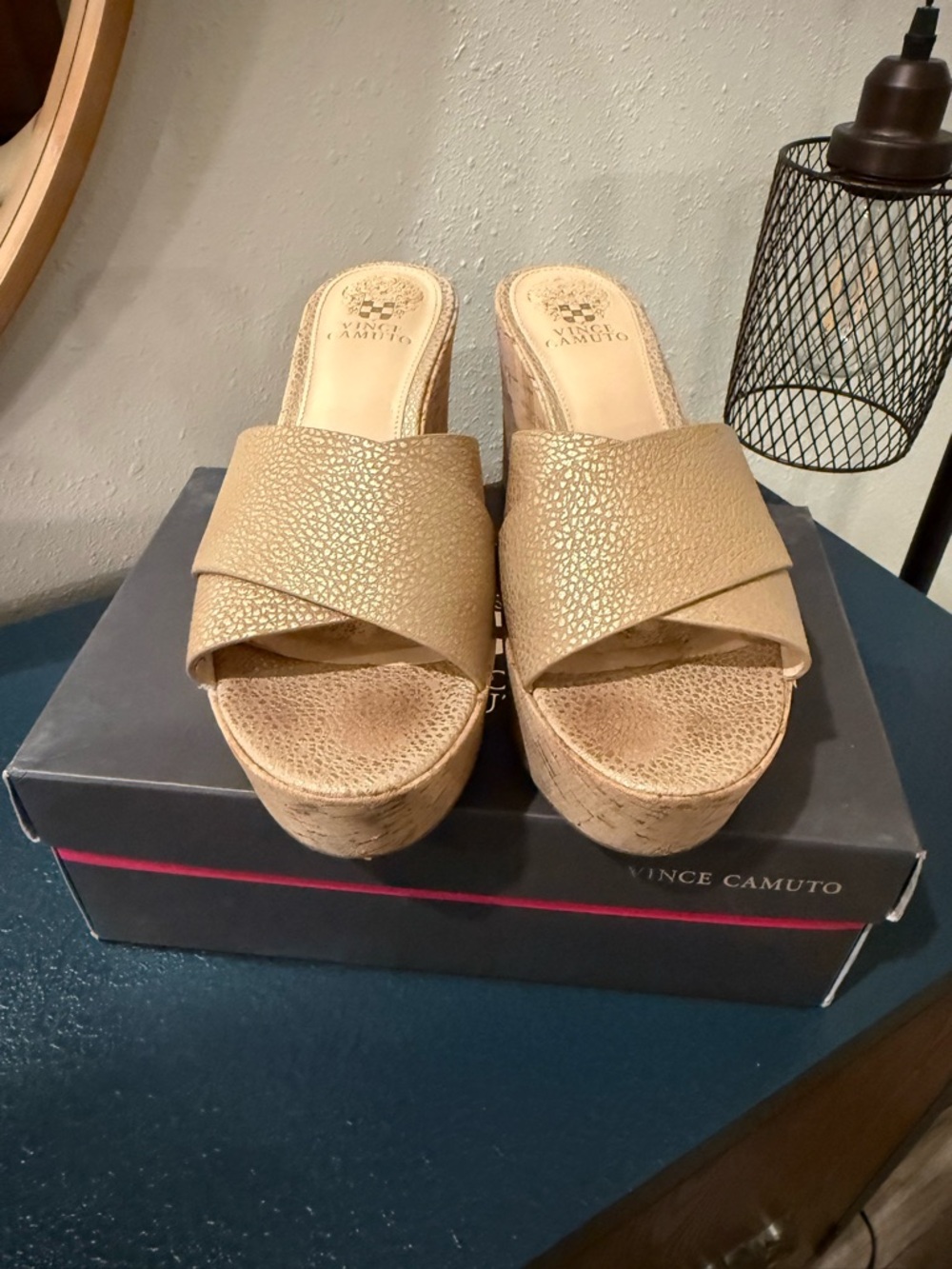 Vince Camuto Metallic Gold Crossover Platform Slides